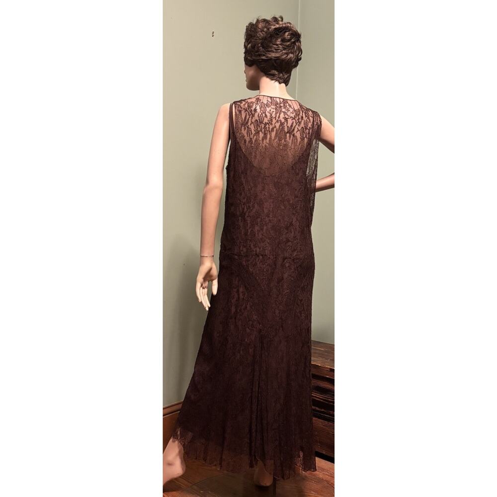 Vintage 1930s Brown Floral Lace Sleeveless Maxi GOWN w/Shawl and Full Silk Slip - Picture 3 of 8